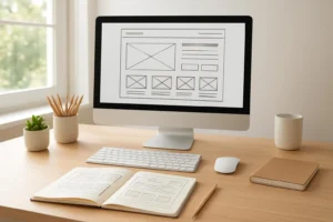Creatieve ruimte met webshop schetsen.