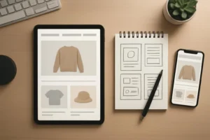 Moderne werkplek met webshop ontwerpen op tablet.