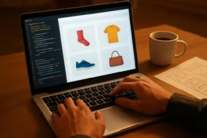 Ontwerper werkt aan een WooCommerce webshop op laptop.