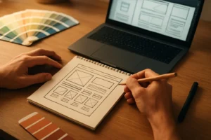 Ontwerper schetst indeling van de webshop.