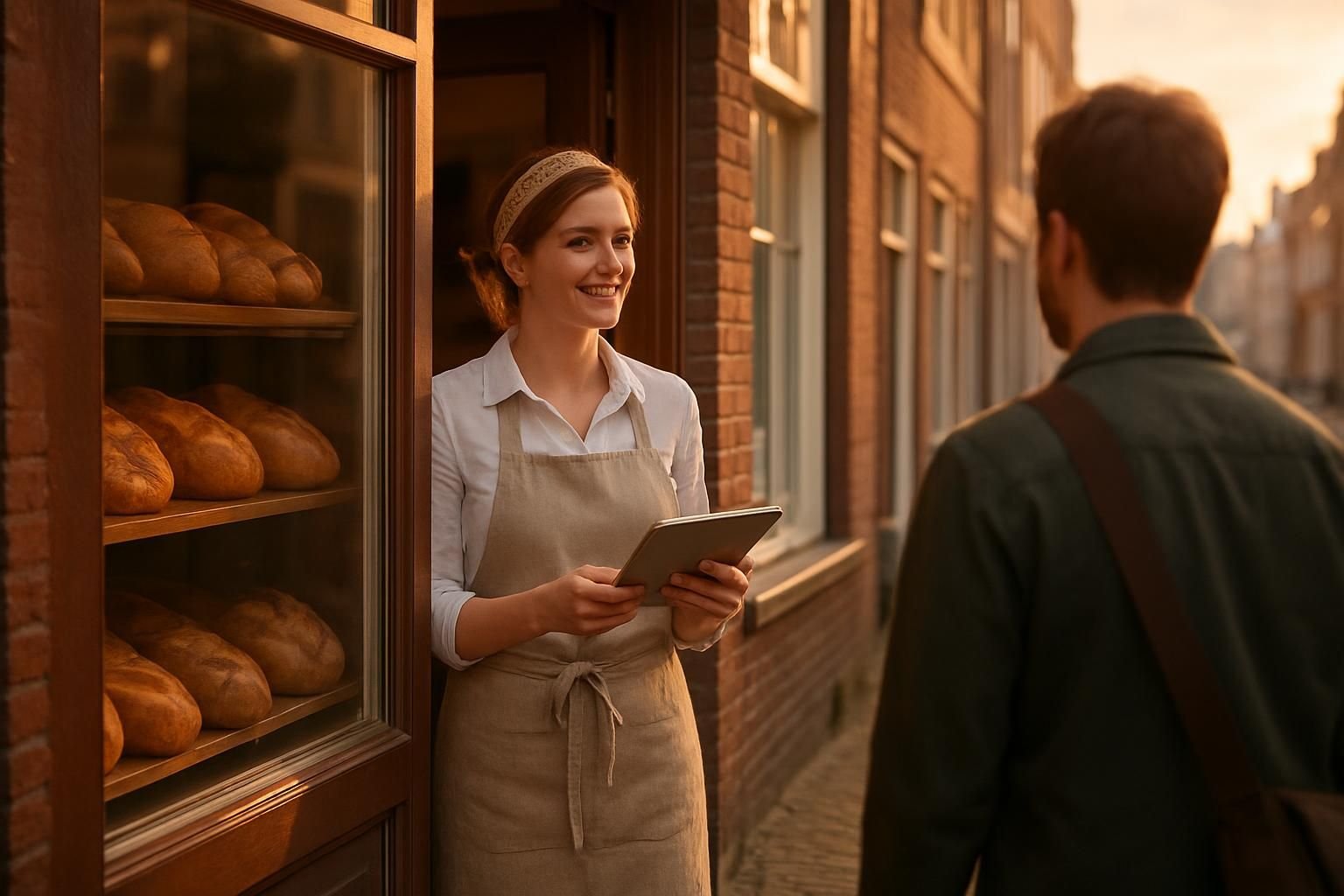 Bakker met tablet voor haar lokale winkel in de stad
