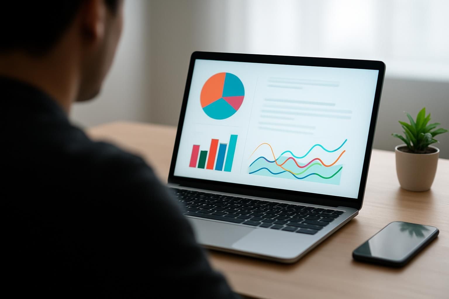 Iemand analyseert zoekresultaten en data op een laptopscherm